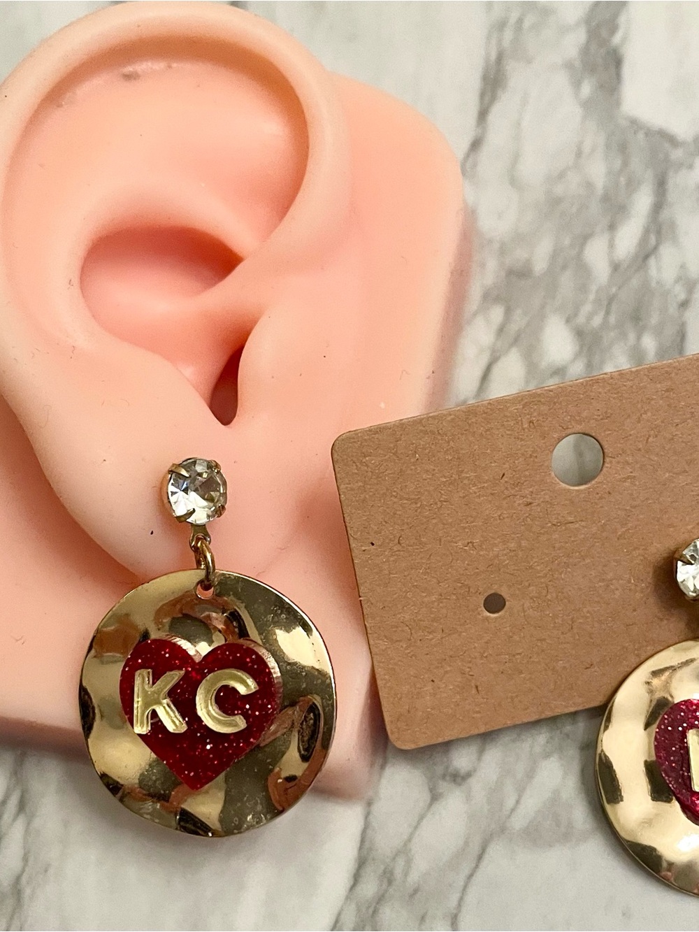 Gold Drop Earrings with Red Heart KC Accent - Picture 3 of 13